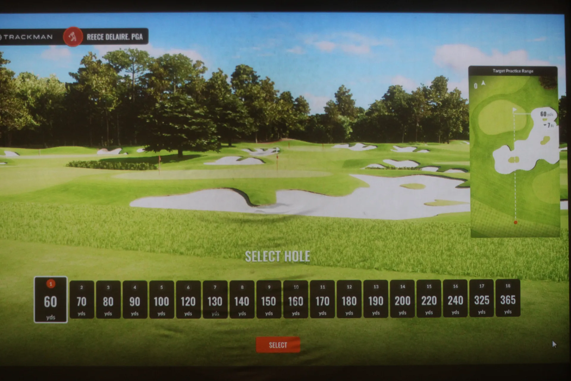 Reece Delaire's TrackMan screen showing shot data and PGA branding at Gonzo's